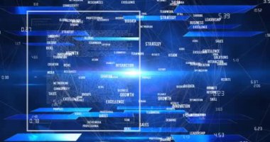 Veri işleme ve dijital insan animasyonları siyah arkaplandaki şekiller üzerinde. Küresel teknoloji, bilgisayar ve dijital arayüz kavramı dijital olarak oluşturulmuş video.