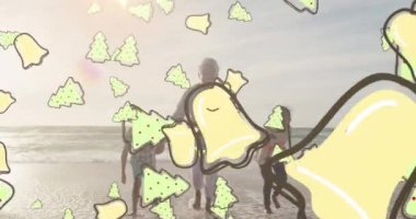 Noel ağacı ve çan simgelerinin plajdaki iki ırklı aile üzerinde canlandırılması. Noel, gelenek ve kutlama konsepti dijital olarak oluşturuldu.