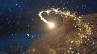 Çatıda yağan kar ve havai fişek animasyonu. Noel, kış, şenlik, gelenek ve dijital olarak üretilen video konsepti.