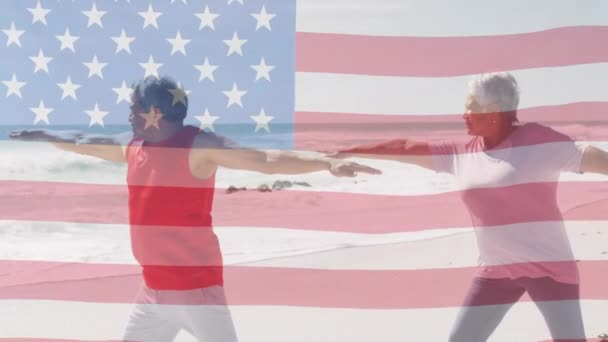 Animation Drapeau Des États Unis Amérique Sur Couple Biracial Senior — Video