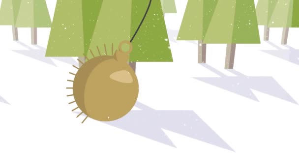 Animace Houpající Zlaté Vánoce Cetka Přes Zelené Stromy Sněhu Vánoce — Stock video