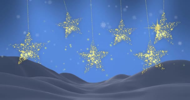 Κινούμενα Σχέδια Χρυσών Χριστουγεννιάτικων Αστεριών Που Αιωρούνται Χιόνι Πέφτει Πάνω — Αρχείο Βίντεο