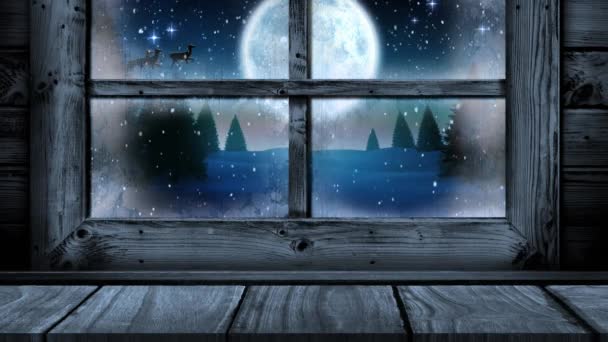 木制窗框的动画 圣诞降雪 满月和桑塔的雪橇外面 圣诞节 传统和庆祝概念数字制作的录像 — 图库视频影像
