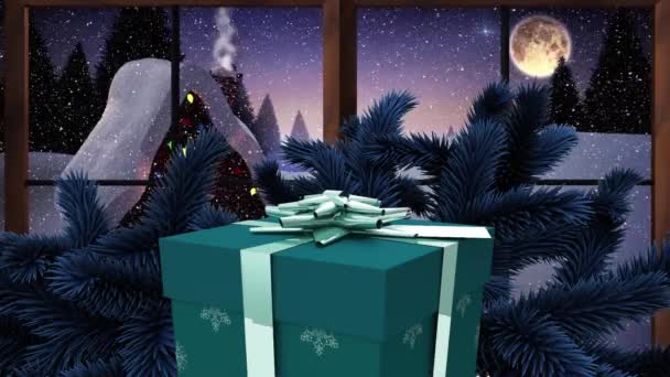 Animation Christmas Gift Decorations Snow Falling Winter Landscape Window Christmas — Stock Video