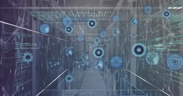 Animation du traitement des données dans la salle des serveurs. concept global d'entreprise et d'interface numérique vidéo générée numériquement.