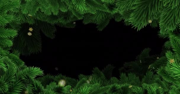 Animation Gold Christmas Snowflakes Falling Black Background Christmas Tree Border — Stock Video