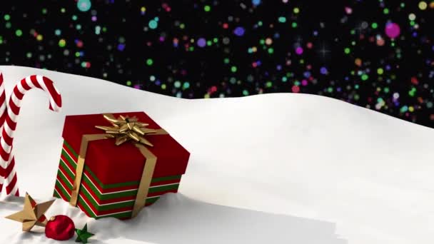 冬の風景の中でクリスマスプレゼントやキャンディーの缶の上に夜空の色の光のアニメーション クリスマス お祭り 伝統とお祝いのコンセプトデジタル生成ビデオ — ストック動画