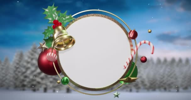 冬の風景の上に空白の白い円形の看板の周りの雪とクリスマスの装飾のアニメーション クリスマス お祭り 伝統とお祝いのコンセプトデジタル生成ビデオ — ストック動画