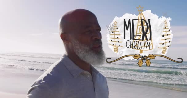 Animacja Wesołych Świąt Nad Szczęśliwym Starszym Afroamerykaninem Medytującym Słonecznej Plaży — Wideo stockowe