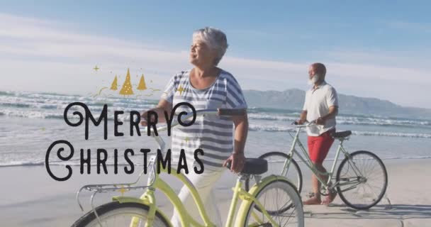Animación Feliz Texto Navidad Sobre Feliz Pareja Ancianos Diversa Con — Vídeos de Stock