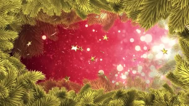 Animación Estrellas Doradas Nieve Cayendo Sobre Fondo Rojo Con Borde — Vídeos de Stock