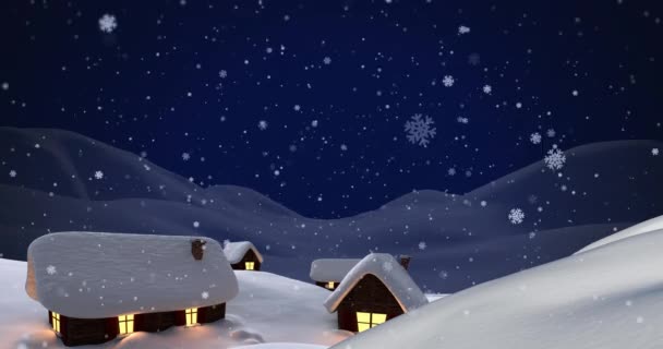 Анимация Белых Рождественских Снежинок Падающих Над Освещенными Коттеджами Зимнем Ночном — стоковое видео