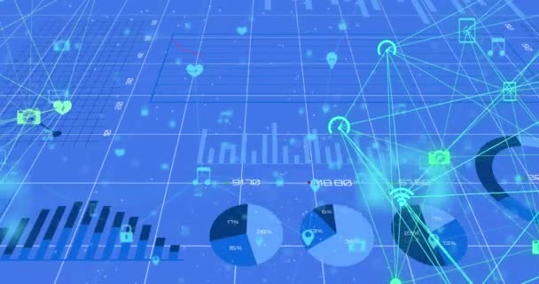 青いデジタル画面上の金融グラフと接続のネットワークのアニメーション ビジネス オフィスで働くとデジタル生成されたビデオ技術の概念 — ストック動画