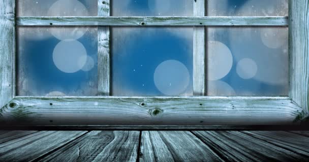 Animation Eines Hölzernen Fensterrahmens Mit Weihnachtsschneeflocken Die Den Blauen Himmel — Stockvideo