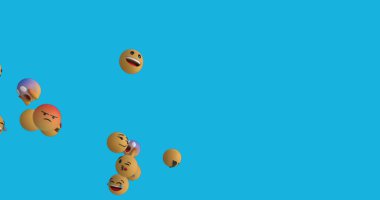 Mavi arka planda çeşitli duygu simgelerinin görüntüsü. İnternet, sosyal medya, duygular, iletişim ve teknoloji kavramı.