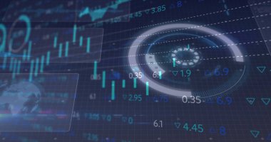 Koyu arkaplanda hareket eden tablolar ve istatistiklerle parlayan arayüz görüntüsü. iletişim teknolojisi dijital arayüz kavramı, dijital olarak oluşturulmuş görüntü.