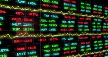 Borsa verilerinin dijital görüntüsü, siyah zemin üzerinde kırmızı dijital dalgaya karşı işleniyor. küresel finans ve ekonomi kavramı