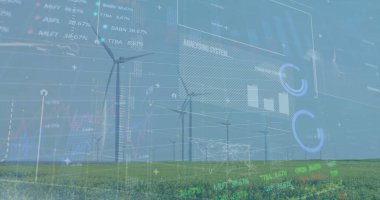Rüzgar türbinlerinin üzerindeki finansal veri işleme görüntüsü. Küresel teknoloji, finans ve dijital arayüz kavramı dijital olarak oluşturulmuş görüntü.