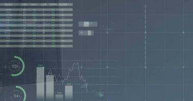 Ekrandaki borsada istatistik ve veri işleme resimleri. Küresel iş dünyası dijital arayüz teknolojisi ve dijital olarak oluşturulan ağ konsepti.