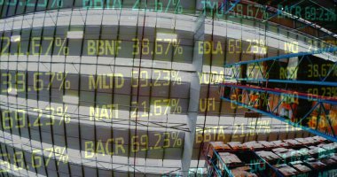 Boş deponun üzerindeki borsa görüntüsü. küresel sevkiyat, dağıtım ve bağlantılar konsepti dijital olarak oluşturuldu.