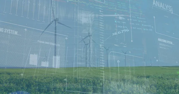 Rüzgar Türbinlerinin Üzerindeki Finansal Veri Işleme Görüntüsü Küresel Teknoloji Finans — Stok fotoğraf