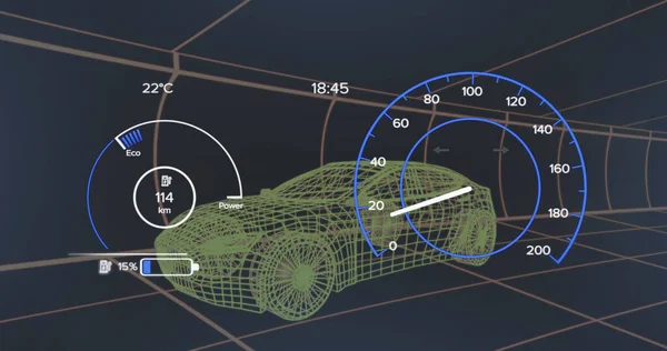 Obraz Modelu Samochodu Prędkościomierza Ciemnym Tle Globalne Połączenia Koncepcja Przetwarzania — Zdjęcie stockowe