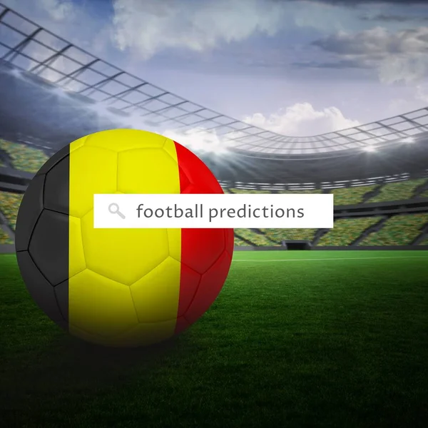 Square image of football predictions over stadium and football in flag of belgium colours. Football, training, competition and tournament concept.