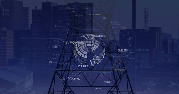 Bild Siffror Runt Världen Med Pylon Mot Byggnader Staden Digital — Stockfoto