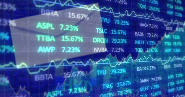 根据蓝色背景的白色信封处理金融和股票市场数据 全球金融和经济概念 — 图库照片