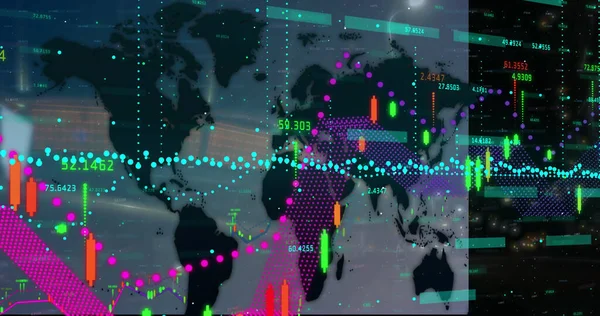 Financial Data Processing World Map Night City Traffic Global Finance — Stock Fotó