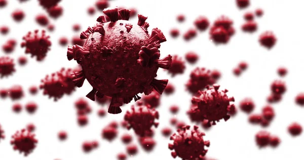 多个红色Covid 19细胞在白色背景下漂浮的数字图像 Coronavirus Covid 19大流行病概念 — 图库照片