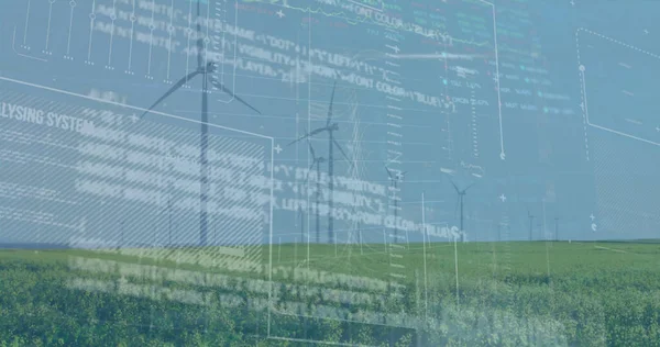 Rüzgar Türbinlerinin Üzerindeki Finansal Veri Işleme Görüntüsü Küresel Teknoloji Finans — Stok fotoğraf