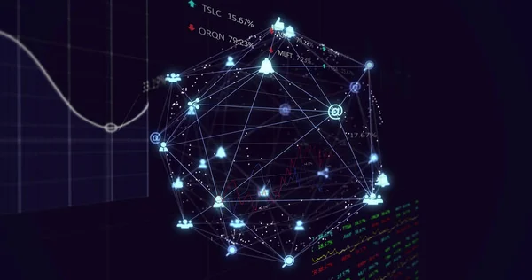 Globe of digital icons spinning against stock market data processing against blue background. global networking and computer interface technology concept