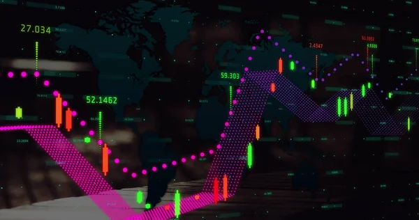 Imagem Processamento Dados Financeiros Sobre Mapa Mundo Contra Baixa Seção — Fotografia de Stock