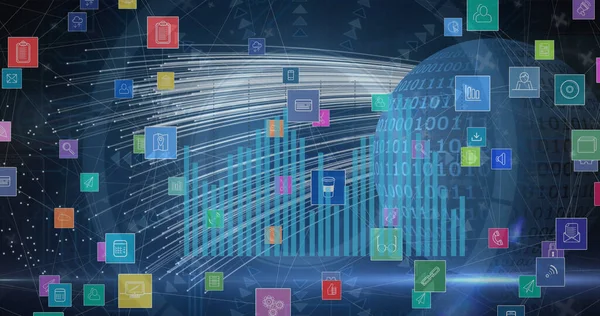 Image of network of connections with icons over scope scanning with data processing and globe. Global business, computing and digital interface concept digitally generated image.