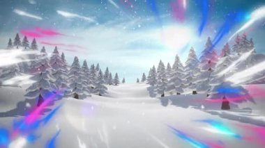 Karla kaplı ağaçlar ve bulutlu gökyüzüne karşı kara üzerindeki çok renkli hareketli havanın animasyonu. Dijital olarak üretilen hologram, doğa, kar yağışı, kış, manzara, manzara ve soyut kavram.