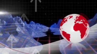 Siyah arkaplanda oklar, küre ve metaçağ manzarasının animasyonu. Veri işleme, finans ve teknoloji konsepti dijital olarak oluşturulmuş video.