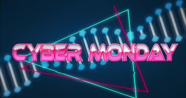 DNA yerine siber pazartesi animasyonu, neon ışıklı ve şekilli dijital alan. Ticaret, satış, promosyonlar, iletişim ve teknoloji konsepti dijital olarak oluşturulmuş video.