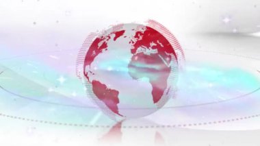 Beyaz zemin üzerinde ışık noktaları ve izler olan dünyanın animasyonu. Işık, şablon ve hareket konsepti dijital olarak oluşturulmuş video.