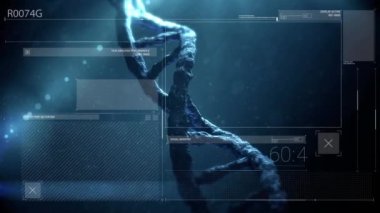Çeşitli verilerle dijital ekranda dönen DNA animasyonu. Bilim, insan biyolojisi ve teknoloji konsepti dijital olarak üretilen video.