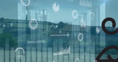 Rüzgar türbini üzerinde finansal veri işleme animasyonu. Küresel ekoloji, finans ve dijital arayüz kavramı dijital olarak oluşturulmuş video.