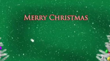 Mutlu noel mesajları ve yeşil arka planda düşen Noel ağaçlarının animasyonu. Noel, gelenek ve kutlama konsepti dijital olarak oluşturuldu.