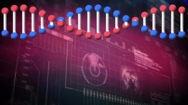 DNA ipliği üzerinde veri işleme animasyonu. küresel iş ve dijital arayüz kavramı dijital olarak oluşturulmuş video.