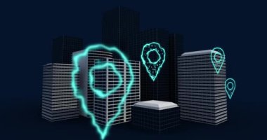 Şehrin üzerinde uçan dijital konum simgelerinin animasyonu. Küresel internet ağları, hesaplama, bağlantılar ve veri işleme kavramı dijital olarak oluşturulmuş video.