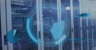 Sunucular üzerinde işlem çemberi ve matematik formüllerinin animasyonu. Veri işleme, iletişim, matematik, enformatik ve teknoloji konsepti dijital olarak oluşturulmuş video.