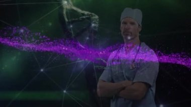 Dalga deseninin animasyonu, çizgilerle bağlantılı noktalar ve beyaz erkek doktor üzerinde DNA sarmalı. Dijital bileşik, çoklu pozlama, genetik, araştırma, sağlık ve teknoloji kavramı.