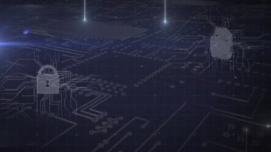 Işıkların animasyonu, dijital asma kilit ve arka planda anakart. Ağ, veri güvenliği, dijital güvenlik ve teknoloji konsepti dijital olarak oluşturulmuş video.