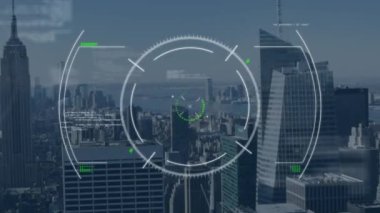 Empire State binasının havadan görüntüsü üzerinden radar ve programlama dilinin animasyonu. Dijital bileşik, çoklu pozlama, kodlama, makine öğrenmesi, sonar, doğa ve teknoloji kavramı.