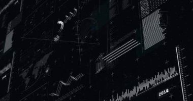 Siyah arkaplan üzerinde istatistik ve veri işleme animasyonu. Küresel veri işleme ve dijital arayüz kavramı dijital olarak oluşturulmuş video.