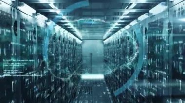 Dijital asma kilidin sunucular ve veri işleme üzerinde daireler çizerek canlandırılması. Ağ, veri güvenliği, dijital güvenlik ve teknoloji konsepti dijital olarak oluşturulmuş video.